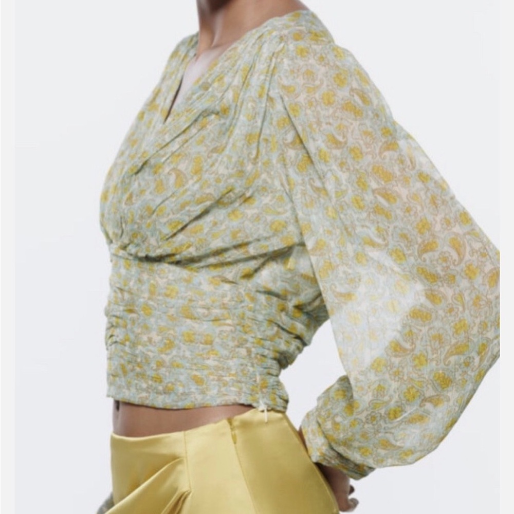ZARA Blouse Shimmer Floral Paisley V-Neck Victorian-Inspired Boho Medium EUC